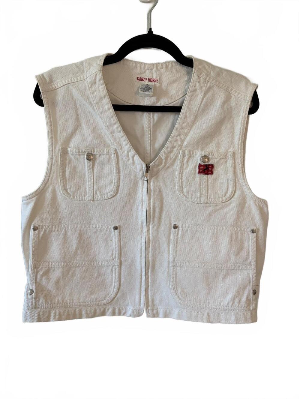 Vintage Crazy Horse Utility Vest Womens Small White Zip Front Multi Pocket